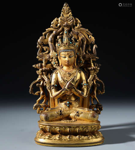A Rare Chinese Carved Gilt Bronze Figure of Avalokitesvara Embellished with Turquoise