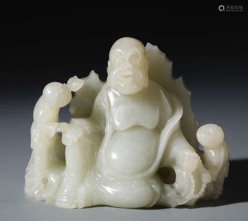A Rare Chinese  Carved White Jade Figure of Maitreya and Attendents