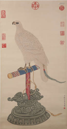 A Fine Chinese Hand-drawn Painting Scroll Of  Eagle Signed by Langshining