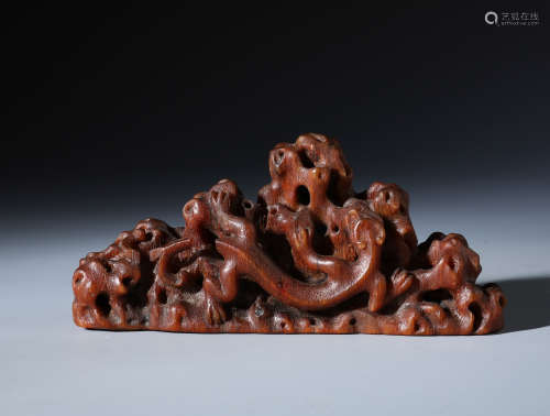 A Rare Chinese Horn Carved Chilong Brush Rest