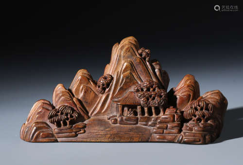 A Finely Carved Chinese Aloeswood Brush Rest of Landscape