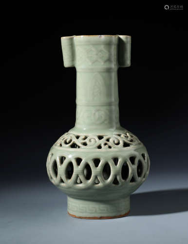 An Extremely Rare Chinese Carved Celadon Glazed Openwork Vase