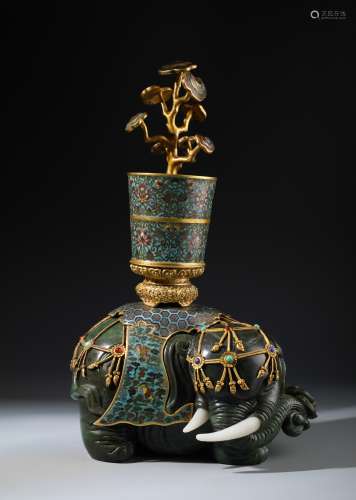 A Rare Chinese Cloisonne Enamel and Spinach Jade Elephant Inset With Precious Stones