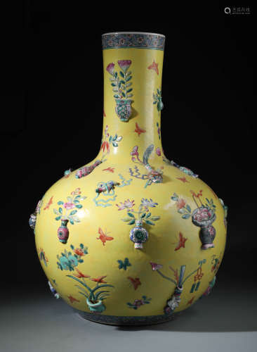 A Rare Chinese Moldeled  Yellow Glazed  Vase, Tianqiuping