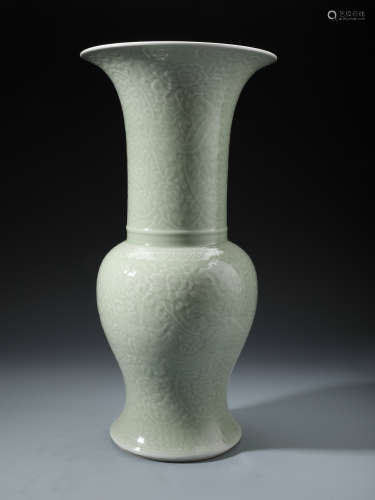 A Rare Chinese Carved Celadon Glazed Floral Zun Vase