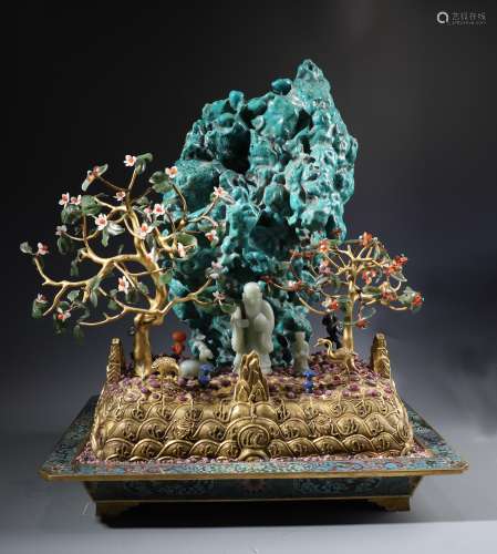 A Rare Chinese Gilt Bronze and Cloisnne Enamel Jardiniere  with Turquoise , White Jade and Ruby Precious Stones