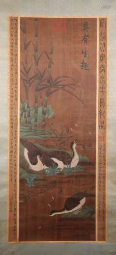 A Fine Chinese Hand-drawn Painting of Birds Along the River Signed By Zhaochang