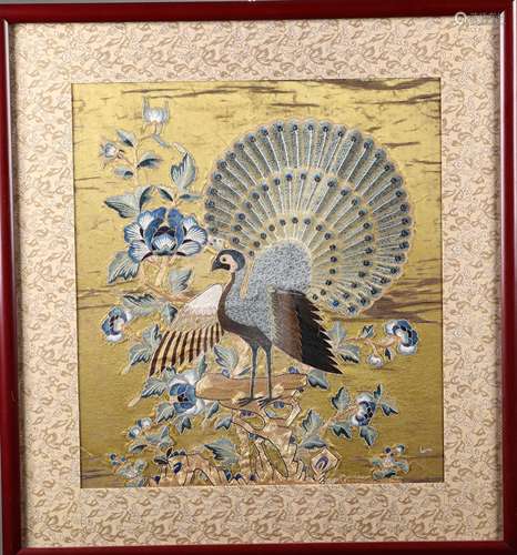 A Framed Chinese Yellow Ground  Silk Embroidery of Phoenix