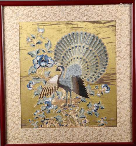 A Framed Chinese Yellow Ground  Silk Embroidery of Phoenix