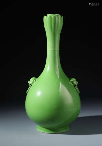 A Rare Chinese  Apple-green Glazed Long Neck Vase with Twin Lion Handles
