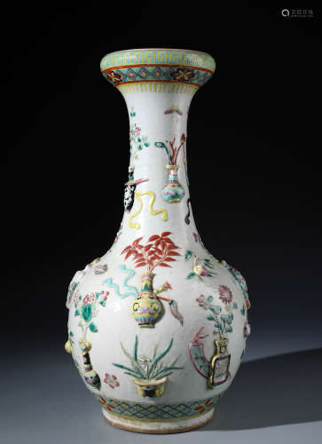A Rare Chinese Modeled Famille Rose Vase of Various Scholor's Ornament