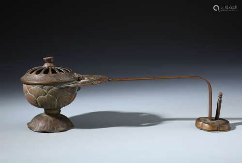 A Very Rare Chinese Carved Long-Handled Gilt Bronze Censer