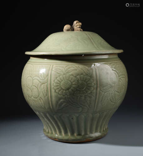 A Rare Chinese Carved Celadon Glazed baluster Jar and Cover with Lion Finial