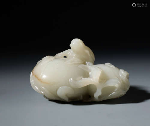 A Fine Chinese White Jade Carving of Peach and Quail
