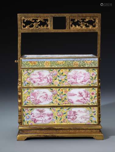 A Rare Chinese Gilt Bronze and Enamel Painted Scholors ' Tiered Box