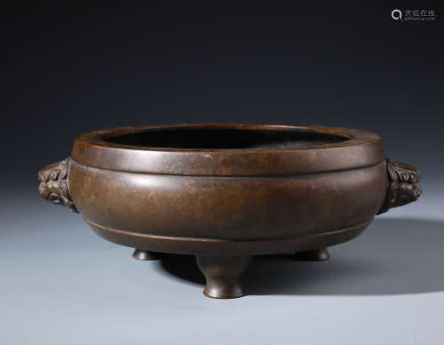 A Fine Chinese Bronze Tripod Censer with Two Lion Handles