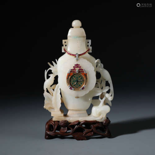 An Extremely Rare Chinese Carved  White Jade Vase Inlaid With 18K Ruby and Diamond Clock