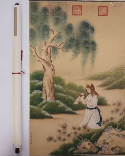 A Fine Hand-drawn Painting of Western Lady Signed By Lang Shining