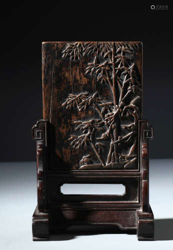 A Rare Chinese Carved Aloeswood  Bamboo Table Screen and Rosewood Stand