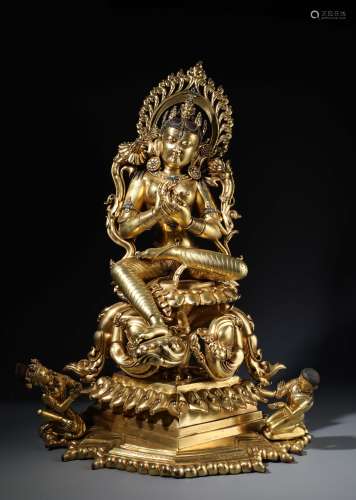 A Finely Cast Large Chinese Gilt Bronze Figure of Tara