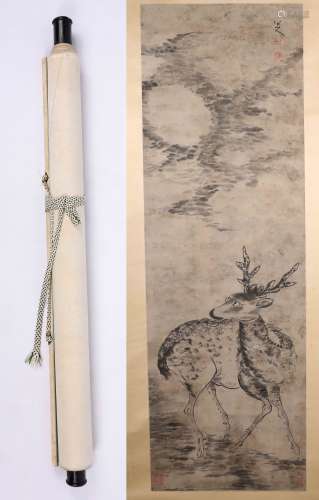 A Fine Chinese Hand-drawn Painting of Deer Signed By Ba Da Shan Ren