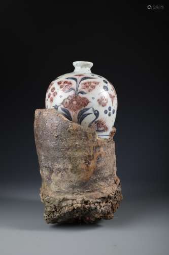 A Very Rare Chinese Blue and Iron-Red Glazed Meiping and Saggar