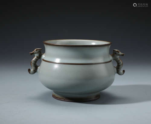 A Rare Chinese Carved Celadon Glazed Censer with Twin Animal Handles