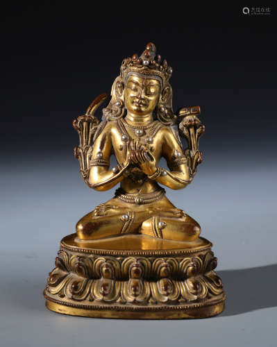 A Finely Cast Chinese Gilt Bronze Figure of Manjuist