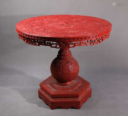 A Rare Chinese Red Lacquered Cinnabar Circular Dragon Table