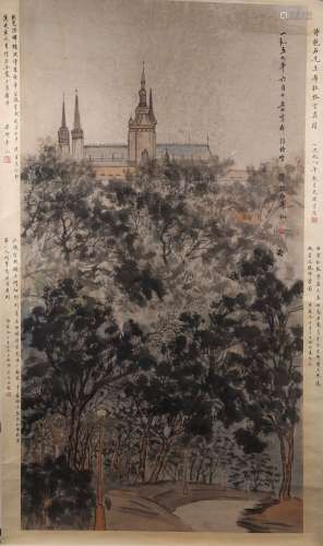 A Fine Chinese Hand-drawn Painting of Prague Palace Signed By Fu Baoshi