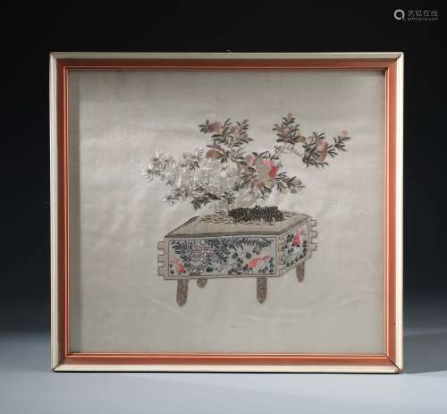 A Fine Chinese Silk Embroidery of Blossom Bonsai