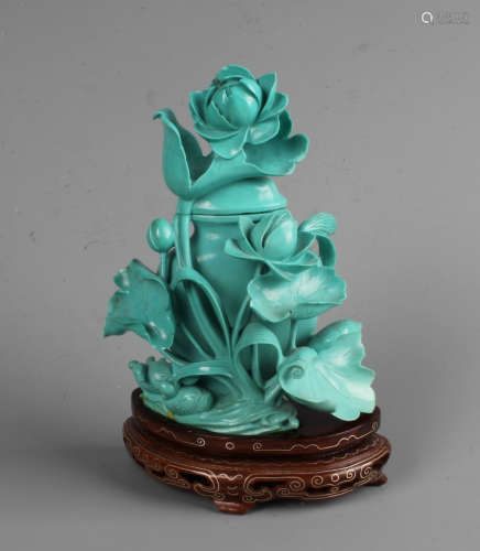 A Chinese Carved  Turquoise 'FLORAL'  Vase with Base