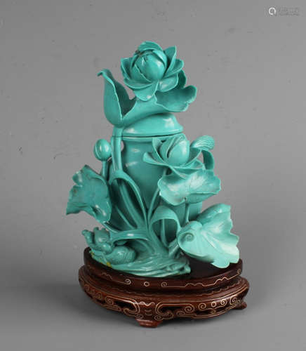 A Chinese Carved  Turquoise 'FLORAL'  Vase with Base