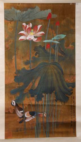 A Fine Chinese Hand-drawn Painting of Lotus Signed by Zhangdaqian