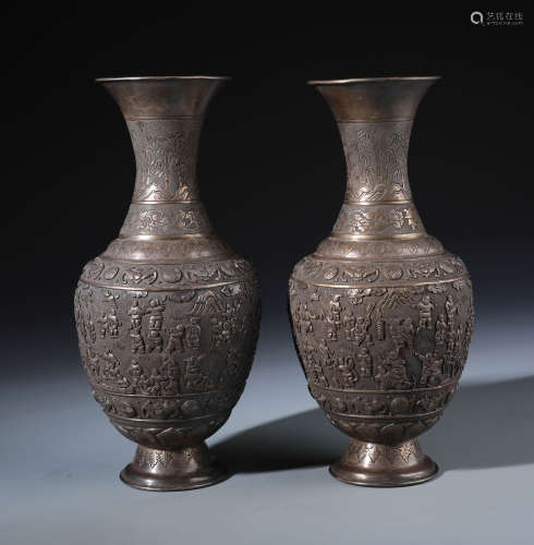 Pr Chinese Carved Sterling Silver 'Hundred Boys' Vase