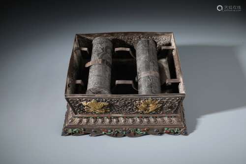 A Chinese Gilt Siver Scroll of Scripture and  Box