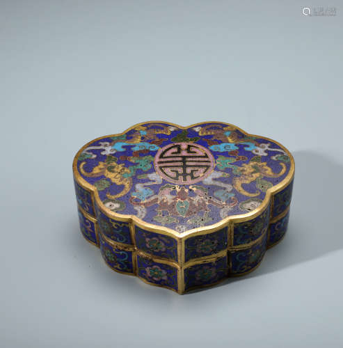 A Fine Chinese Gilt Bronze and Cloisonne Enamel  Ruyi Form Box