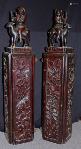 A Chinese Rosewood 'FIGURES AND DEER' Stair Railing Post