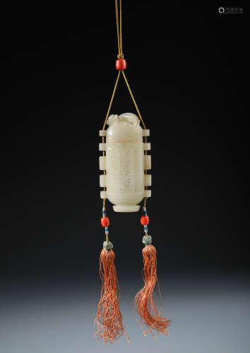 A Rare Chinese Carved White Jade Perfumer and Coral Decoratives