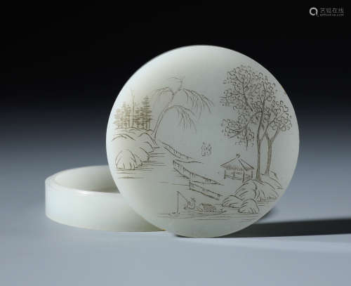 An Excelllent Chinese Carved White Jade Lanscape Paste Box
