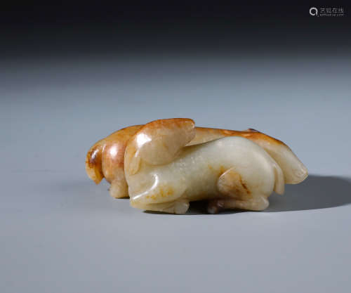 A Rare Chinese Russet Jade Carving of Twin Beast