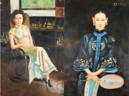 Two Chinese Paintings of Elegant Ladies Signed by Cheny Yi Fei, Xu Bei Hong