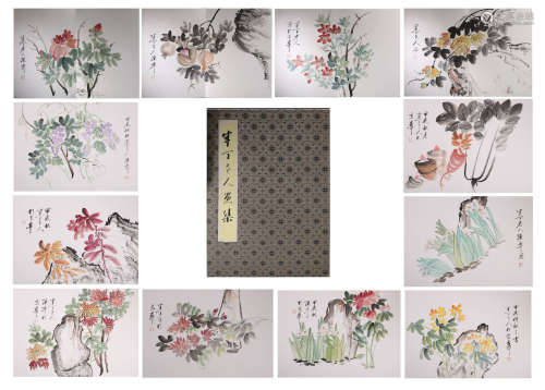A Chinese Hand-drawn Painting Album of Flowers Signed By Chen Ban Ding (12Pages)
