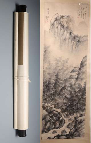 A Chinese Hand-drawn Painting of Landscape and Pavilion Signed By  Dong Qi Chang and Chen Jiru