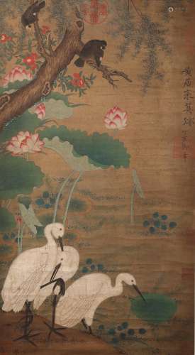 A Fine Chinese Hand-drawn Painting of Cranes Along the Summer River Signed by Huangjucai