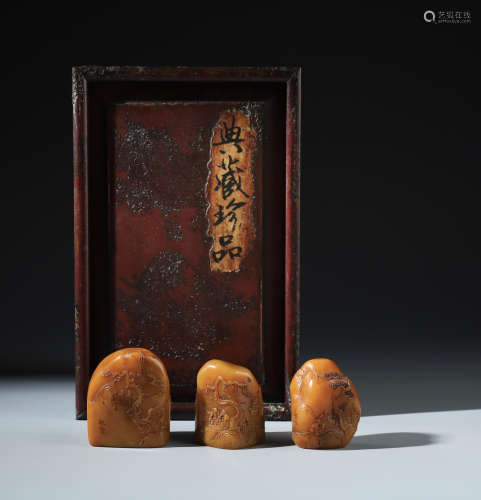 Three Chinese Carved Soapstone Seal Set and Matching Wood Box