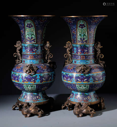 Pr Chinese Cloisonne Enamel 'Beast Mask' Vases With Chilong Handles