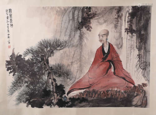 A Chinese Hand-drawn Painting Of Luohan Signed By Fubaoshi