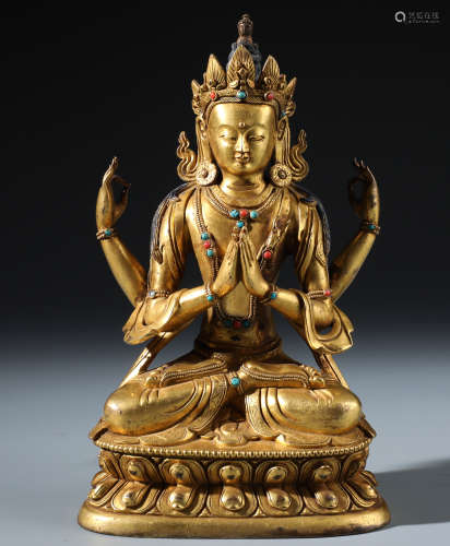 An Imperial Chinese Cast Gilt Bronze Figure of Sadaksari Lokesvara