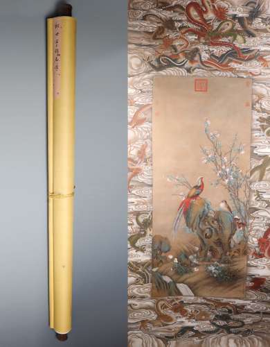 An Important  Chinese Hand-drawn Painting Scroll of Birds Signed by Langshining